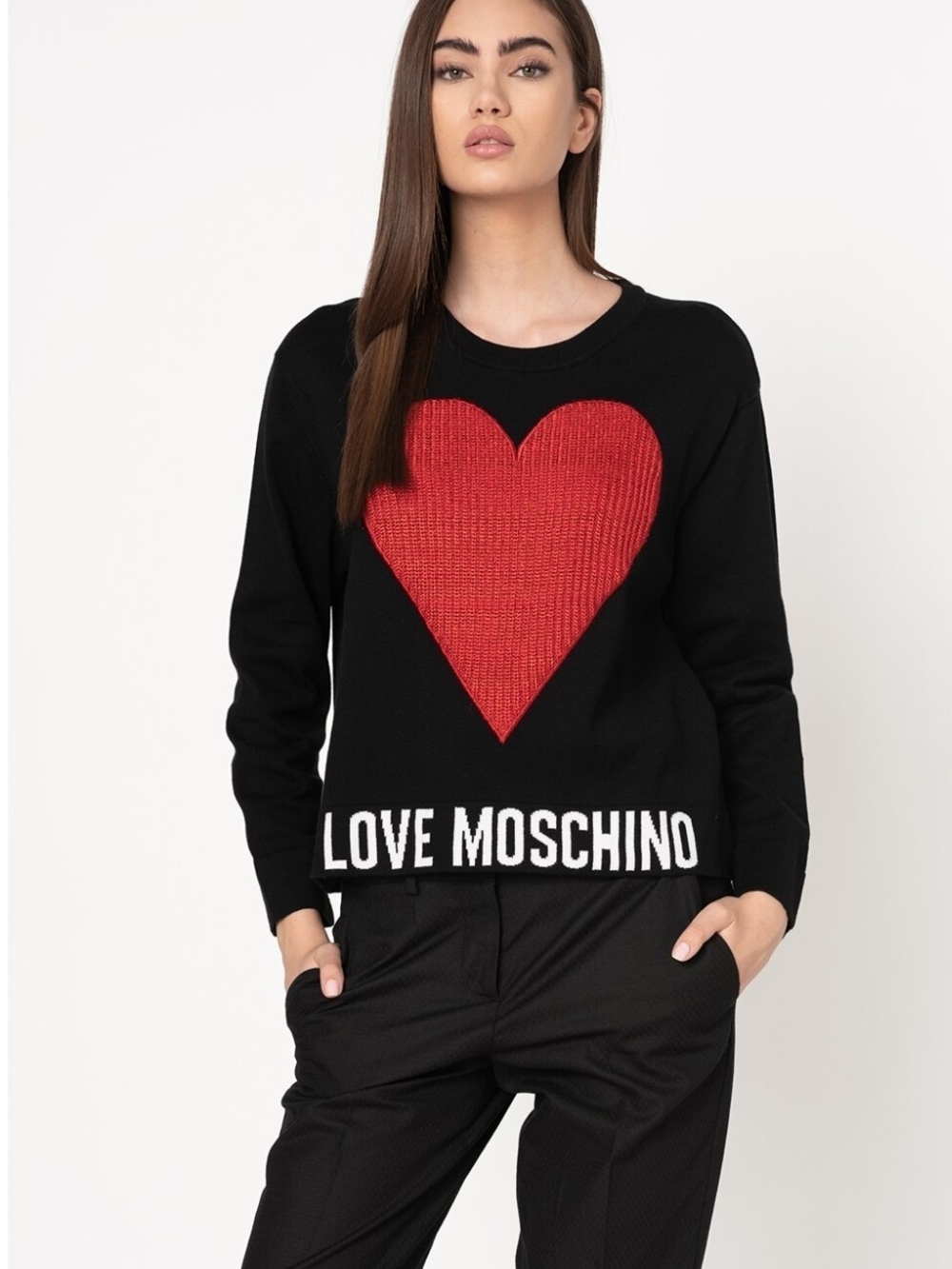 Love Moschino Black Crewneck Sweater with Red Heart Motif